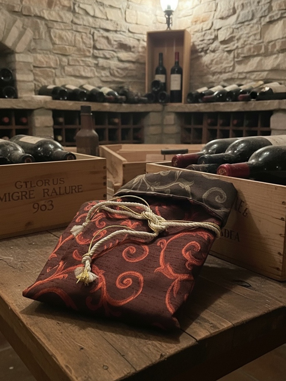 Embroidered Drawstring Silk-Like Brocade Wine Bottle Gift Pouch (Like New)